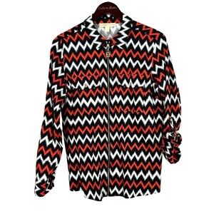 Michael Kors Women Sz 10 Blouse Black Red Long Sleeve Pocket Classic Full Zip N1